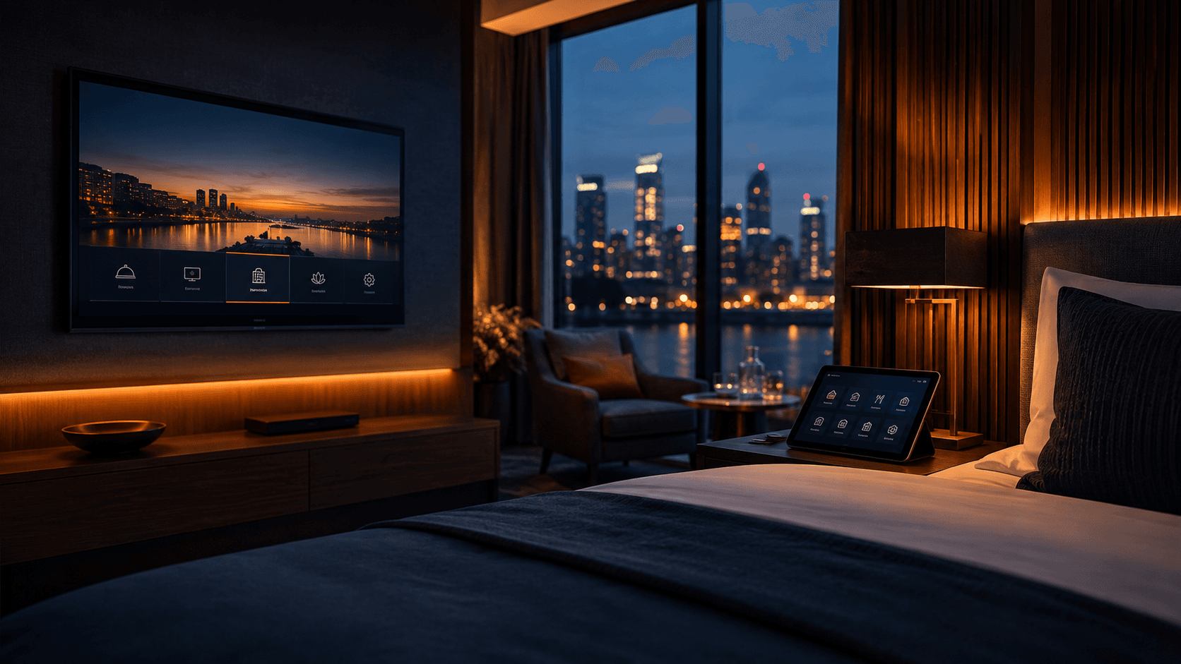 Modern hotel lobby with guests using technology
